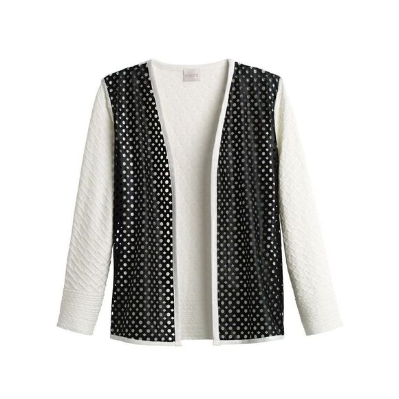 🔴 Chico's Textured Leticia Cardigan Perforated Contrast Sweater Top Size 2/L - Picture 1 of 16